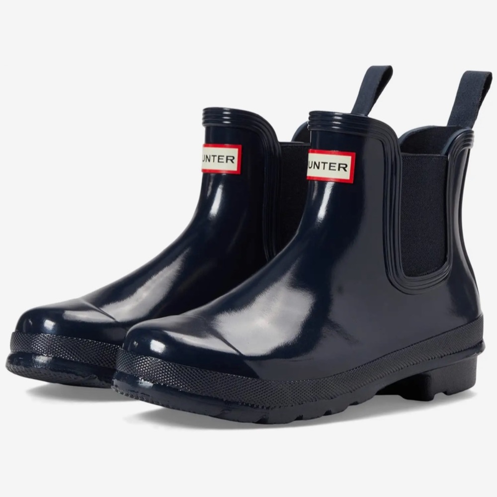 $150 HUNTER x Zappos Navy Chelsea Gloss Mid Rain Waterproof boots women SIZE 7